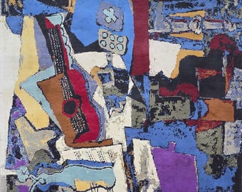 Hand-Knotted Wool Rug – Pablo Picasso Guitar Cubism Art, 260x190cm