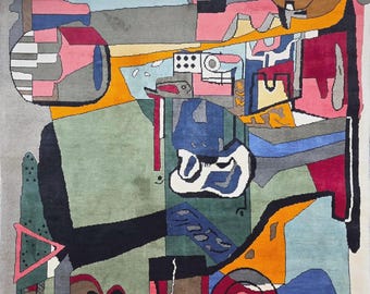 Le Corbusier Style Hand-Knotted Wool Silk Rug – Abstract Composition Nature Morte Figure