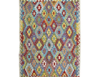 Handwoven Afghan Kilim Rug – Maimana Wool, Geometric Design (210 x 164 cm)