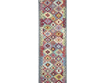 Handwoven Afghan Wool Runner Rug – Maimana Flatweave, Traditional Motifs (303 x 90 cm)