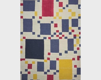 Piet Mondrian Rug: Handwoven Wool Tapestry - Victory Boogie-Woogie
