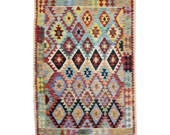 Handwoven Afghan Kilim Rug – Maimana Wool, Ethnic Decor (206 x 152 cm)