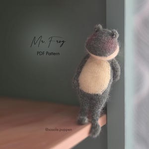 Pode incluir: Um brinquedo de sapo tricotado em cinza escuro com uma barriga em tom creme claro e bochechas rosadas. O texto "Mr. Frog PDF Pattern" e "@sosole.puppen" é visível na imagem. O sapo tem olhos pequenos e escuros e duas pernas finas.