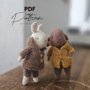 Op de afbeelding: PDF-patroon voor het haken van een bruin konijn en een bruine en gele hond die bruine en gele jassen dragen. Het patroon is van @sosole.puppen.