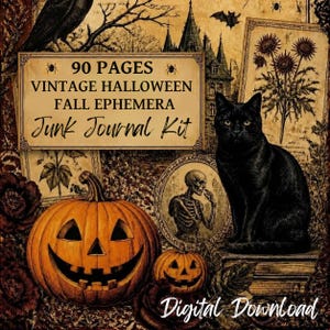 Może przedstawiać: Zestaw do junk journala w stylu vintage na Halloween, zawierający 90 stron jesiennych efemeryd. Projekt przedstawia czarnego kota, dwie dynie, szkielet, zamek oraz ilustracje botaniczne na postarzanym papierze w odcieniach sepii z ciemnymi akcentami.