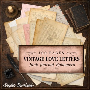 May include: A collection of aged, cream-coloured paper sheets featuring handwritten cursive text, stacked alongside a dark vintage book, a candle in a metal holder, and a black quill pen with an inkwell. Text reads: 100 PAGES VINTAGE LOVE LETTERS Junk Journal Ephemera -Digital Download-