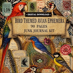 May include: A digital download junk journal kit featuring bird-themed avian ephemera across 90 pages. The design includes a red macaw, a bluebird, a nest with eggs, vintage postage stamps, floral illustrations, and text reading BIRD THEMED AVIAN EPHEMERA.