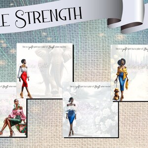 May include: Four digital illustrations of women in different outfits with the text "She is a gentle spirit but a pillar of strength when needed" and the signature "Christina Ebelle" on each image.