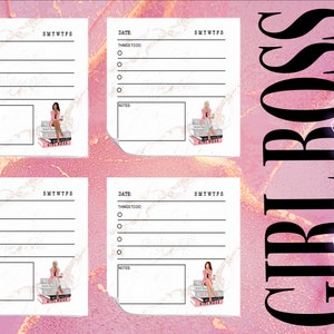 May include: Four printable planner pages with a white background and black text. Each page has a section for the date, day of the week, things to do, and notes. The bottom of each page features a cartoon illustration of a woman sitting on a stack of books with the text "Girl Boss".
