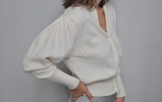 Vintage cream angora wool mix cardigan puffed slee