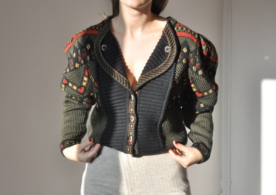 Vintage Austrian folk cardigan colorful puff sleev