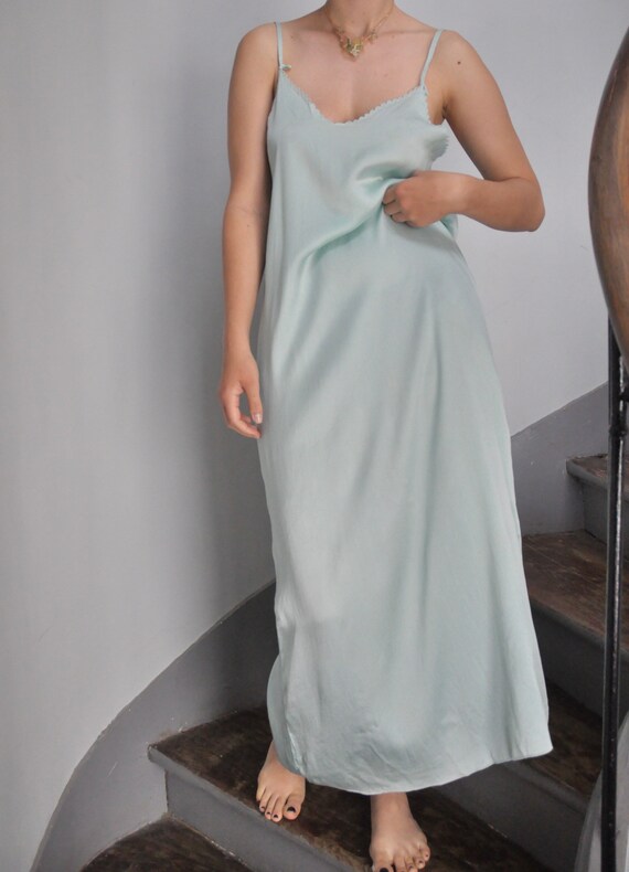 90s unique mint green silk slip dress full length