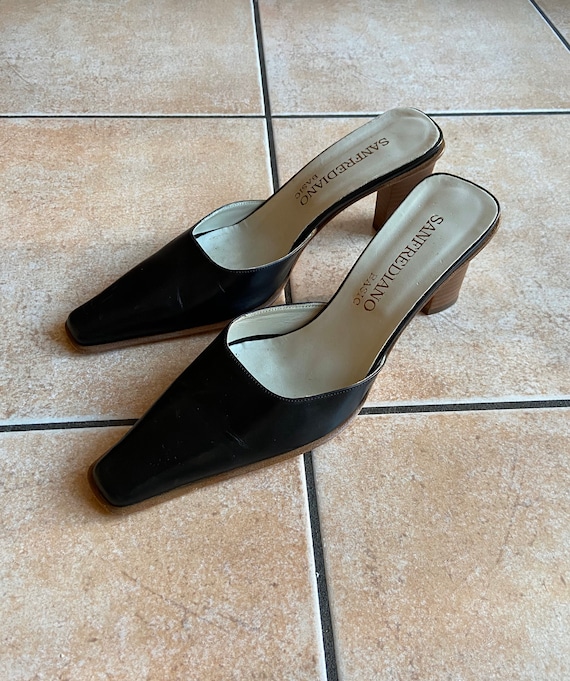Vintage Black Leather Mules Square Toe | Size 38