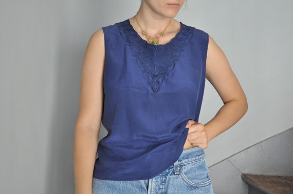 80s navy blue silk romantic sleeveless top floral