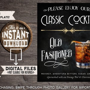 Art Deco Wedding Signature Drink Sign, Old Fashioned Cocktail, Gatsby Wedding, Bar Menu, Wedding Drinks, Instant Download, Drink Menu