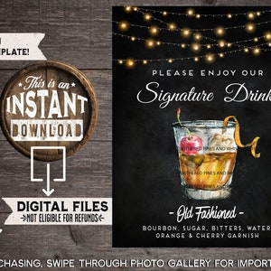 Old Fashioned, Wedding Signature Drink Sign, Old Fashioned Cocktail, Bourbon Cocktail, Bar Menu, Wedding Drinks, Instant Download image 1