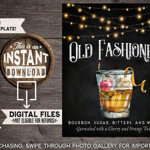 Old Fashioned, Wedding Signature Drink Sign, Old Fashioned Cocktail, Bourbon Cocktail, Bar Menu, Wedding Drinks, Instant Download