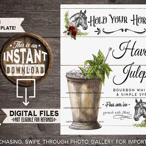 Kentucky Derby Mint Julep Drink Sign, Derby Bar Menu, Derby Cocktail, Derby Party Decor, Kentucky Derby, Horses, Shiplap, INSTANT DOWNLOAD