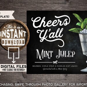 Kentucky Derby Mint Julep Drink Sign, Derby Bar Menu, Derby Cocktail, Derby Party Decor, Kentucky Derby, Cheers Y&#39;all, INSTANT DOWNLOAD