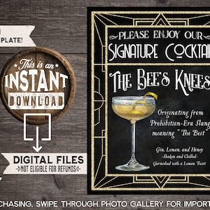 Art Deco Wedding Signature Drink Sign, Wedding Cocktail, Gatsby Wedding, Bar Menu, Wedding Drinks, Bee&#39;s Knees, Instant Download, Drink Menu