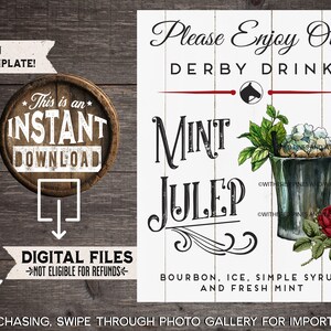 Kentucky Derby Mint Julep Drink Sign, Derby Bar Menu, Derby Cocktail, Derby Party Decor, Kentucky Derby, Shiplap, INSTANT DOWNLOAD