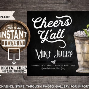Kentucky Derby Mint Julep Drink Sign, Derby Bar Menu, Derby Cocktail, Derby Party Decor, Kentucky Derby, Cheers Y&#39;all, INSTANT DOWNLOAD