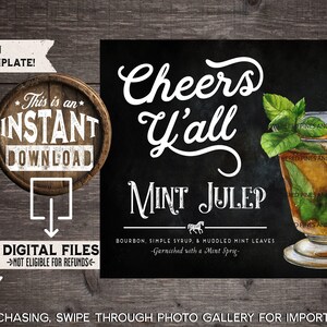 Kentucky Derby Mint Julep Drink Sign, Derby Bar Menu, Derby Cocktail, Derby Party Decor, Kentucky Derby, Cheers Y&#39;all, INSTANT DOWNLOAD