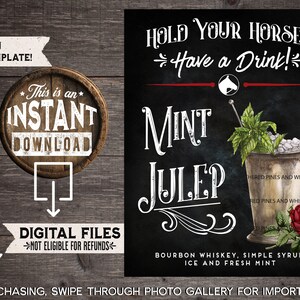 Kentucky Derby Mint Julep Drink Sign, Derby Bar Menu, Derby Cocktail, Derby Party Decor, Kentucky Derby, Hold Your Horses, INSTANT DOWNLOAD
