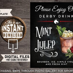 Kentucky Derby Mint Julep Drink Sign, Derby Bar Menu, Derby Cocktail, Derby Party Decor, Kentucky Derby, Horses, Derby, INSTANT DOWNLOAD