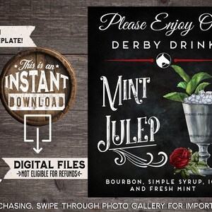 Kentucky Derby Mint Julep Drink Sign, Derby Bar Menu, Derby Cocktail, Derby Party Decor, Kentucky Derby, Horses, Derby, INSTANT DOWNLOAD