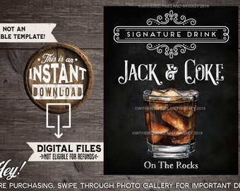 Jack & Coke Signature Drink Sign, Wedding Cocktail, Jack Daniel's, Birthday Party, Drink Menu, Signature Drink Sign, Jack on the Rocks