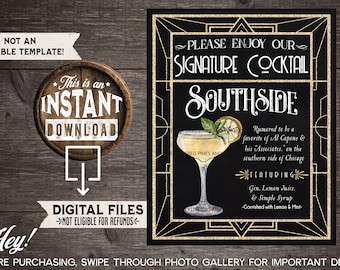 Art Deco Wedding Signature Drink Sign, Wedding Cocktail, Gatsby Wedding, Bar, Speakeasy, Southside Cocktail, Instant Download, Drink Menu