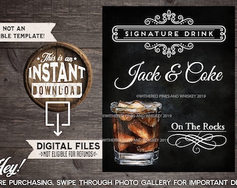 Jack & Coke Signature Drink Sign, Wedding Cocktail, Jack Daniel's, Birthday Party, Drink Menu, Signature Drink Sign, Jack on the Rocks