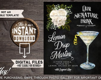 Lemon Drop Martini Cocktail, Lemon Cocktail, Ivory Wedding, Signature Drink Sign, Ivory Floral, Greenery, Wedding Cocktail, INSTANT DOWNLOAD