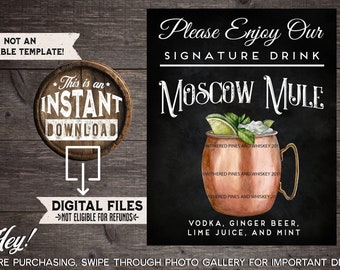 Moscow Mule Signature Drink Sign, Wedding Cocktail, Bar Menu, Drink Menu, Copper Mule Mug, Wedding Drink, Engagement Party, Instant Download