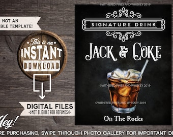 Jack & Coke Signature Drink Sign, Wedding Cocktail, Jack Daniel's, Birthday Party, Drink Menu, Signature Drink Sign, Jack on the Rocks