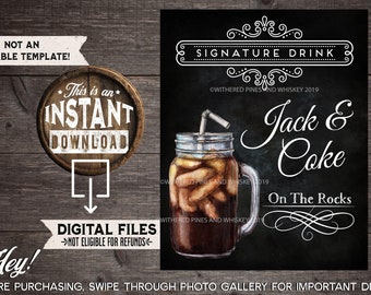 Jack & Coke Signature Drink Sign, Wedding Cocktail, Jack Daniel's, Birthday Party, Drink Menu, Signature Drink Sign, On the Rocks, Mason Jar