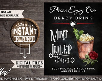 Kentucky Derby Mint Julep Drink Sign, Derby Bar Menu, Derby Cocktail, Derby Party Decor, Kentucky Derby, Horses, Derby, INSTANT DOWNLOAD