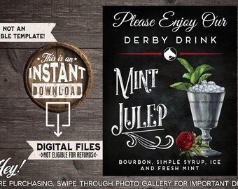 Kentucky Derby Mint Julep Drink Sign, Derby Bar Menu, Derby Cocktail, Derby Party Decor, Kentucky Derby, Horses, Derby, INSTANT DOWNLOAD