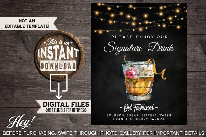 Old Fashioned, Wedding Signature Drink Sign, Old Fashioned Cocktail, Bourbon Cocktail, Bar Menu, Wedding Drinks, Instant Download image 1
