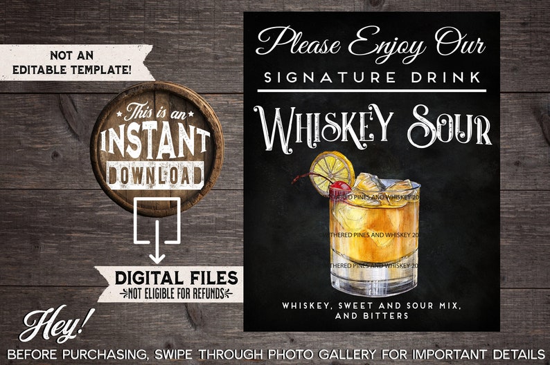 Whiskey Sour Signature Drink Sign, Wedding Whiskey Cocktail, Bar Menu