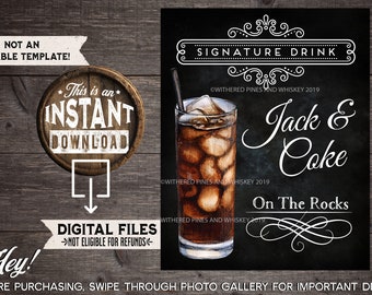 Jack & Coke Signature Drink Sign, Wedding Cocktail, Jack Daniel's, Birthday Party, Drink Menu, Signature Drink Sign, On the Rocks, High Ball