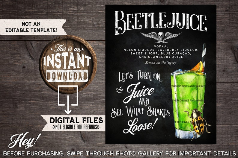 Halloween Party Drink Sign Printable, Beetlejuice Halloween Cocktail, Gothic Halloween Wedding Signature Cocktail, Green Zombie Cocktail image 1