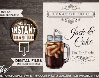 Jack & Coke Signature Drink Sign, Wedding Cocktail, Jack Daniel's, Birthday Party, Drink Menu, Signature Drink Sign, On the Rocks, Mason Jar