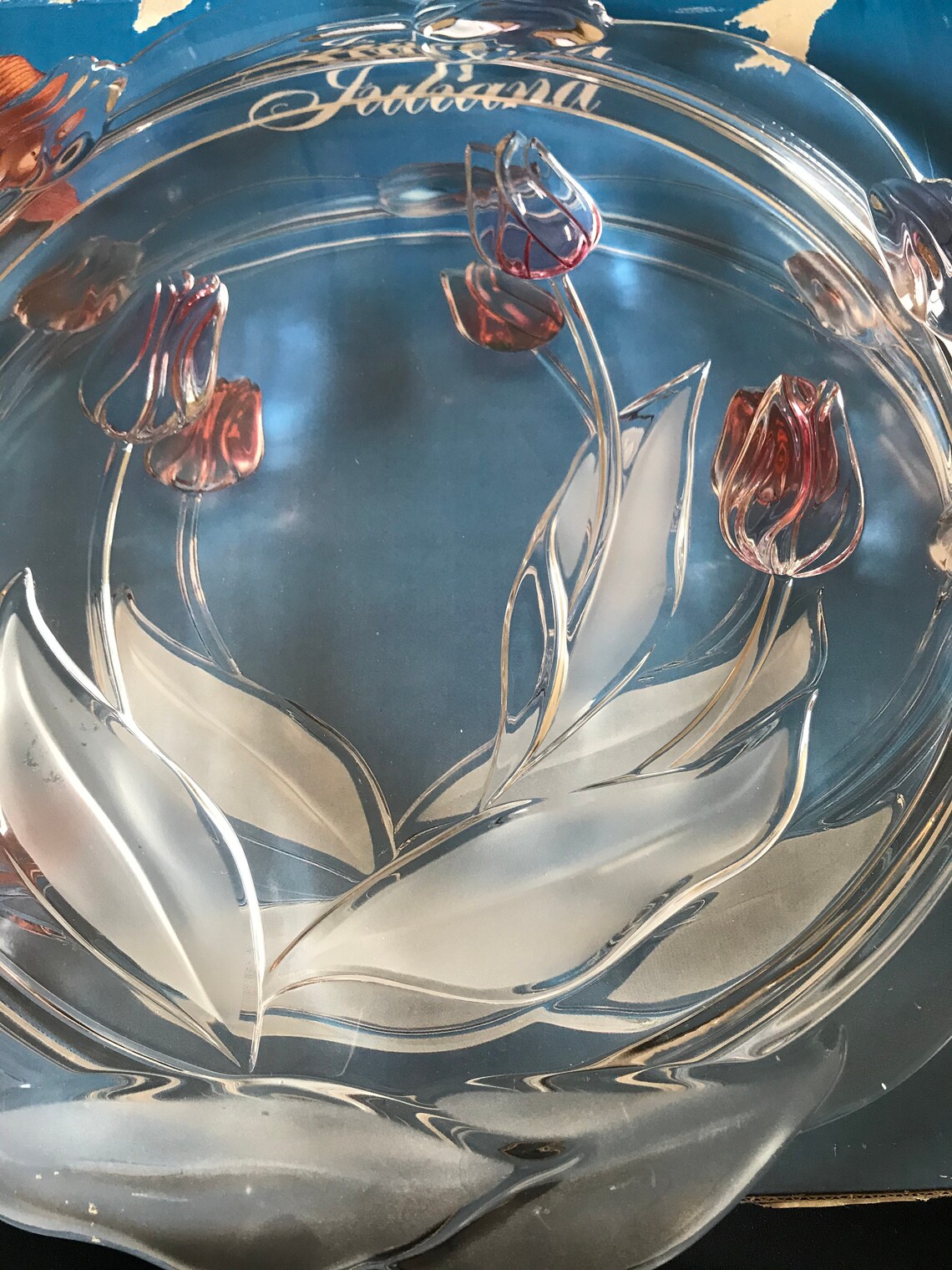 Mikasa Cut Crystal Cake Stand plate with Frosted Pink Tulips Etsy