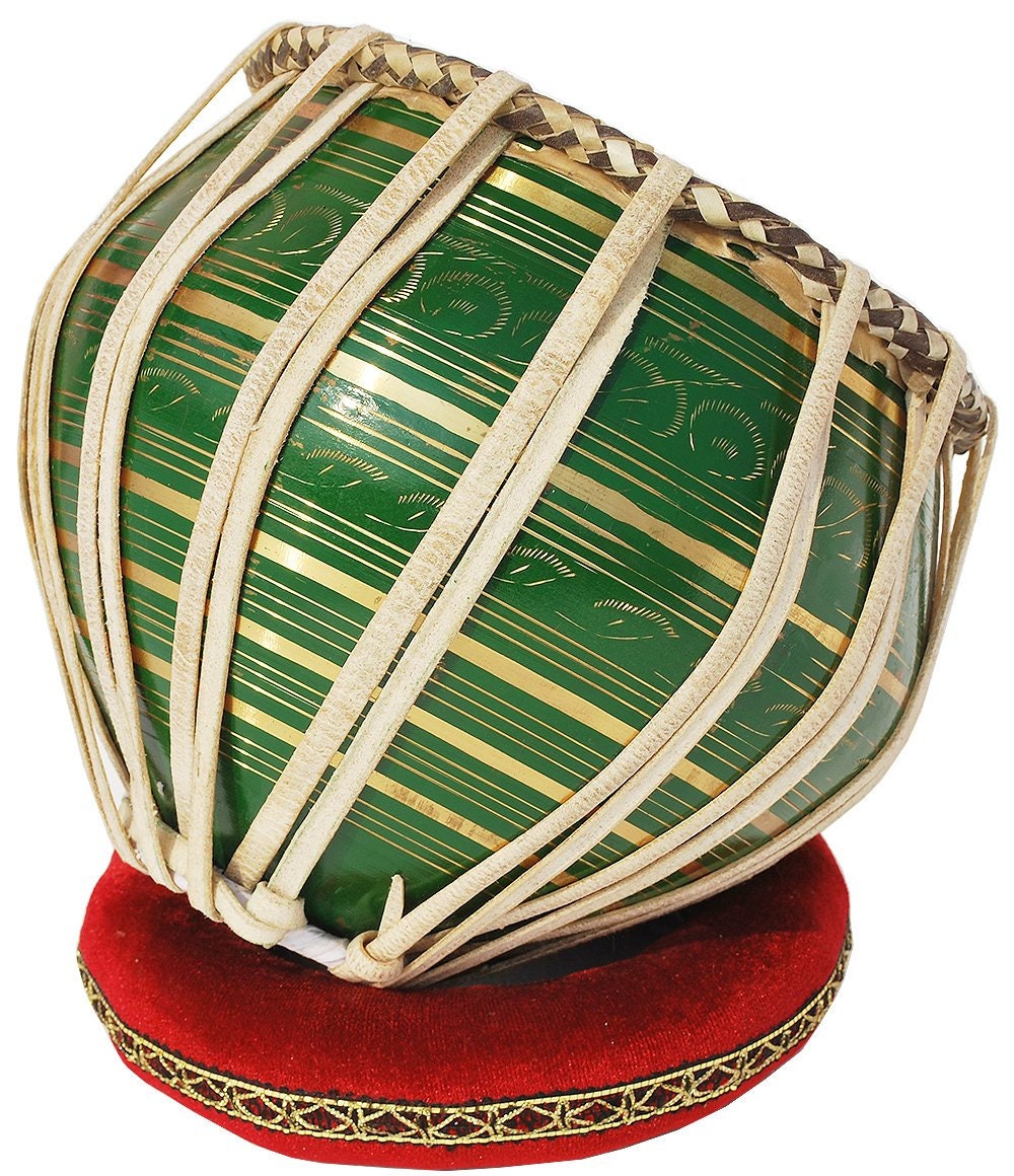 Tabla Drum Set, 2.5 Kg Green Painted Designer Brass Bayan, Beautiful