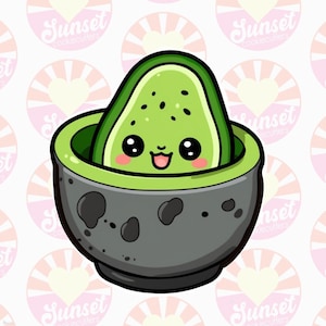 May include: A cartoon avocado with a cute face is sitting in a grey bowl. The avocado is green and has a seed in the middle. The bowl is decorated with black spots.
