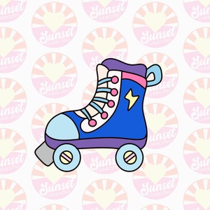 May include: A blue and purple roller skate with a lightning bolt design. The skate has a white tongue and laces, and pink accents. The wheels are light blue with yellow stripes.