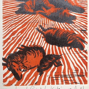 Original linocut illustration for &quot;Animal Farm&quot; by George Orwell