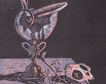 Linocut print "Still life with a nautilus cup and cat skull"